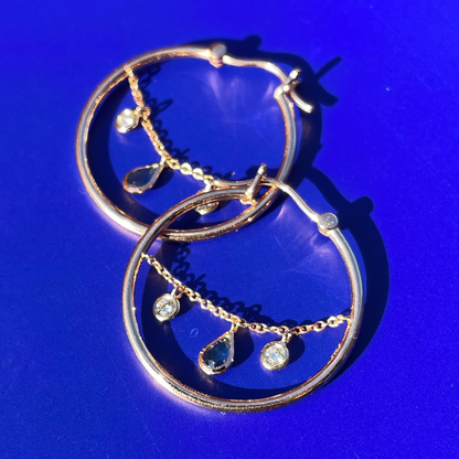 Diamond Dangle Hoop Earrings with Blue Sapphire