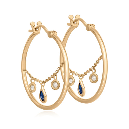 Diamond Dangle Hoop Earrings with Blue Sapphire